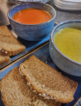 Tomato or vegetable soup served with fresh wheaten bread Tomato or vegetable soup served with fresh wheaten bread